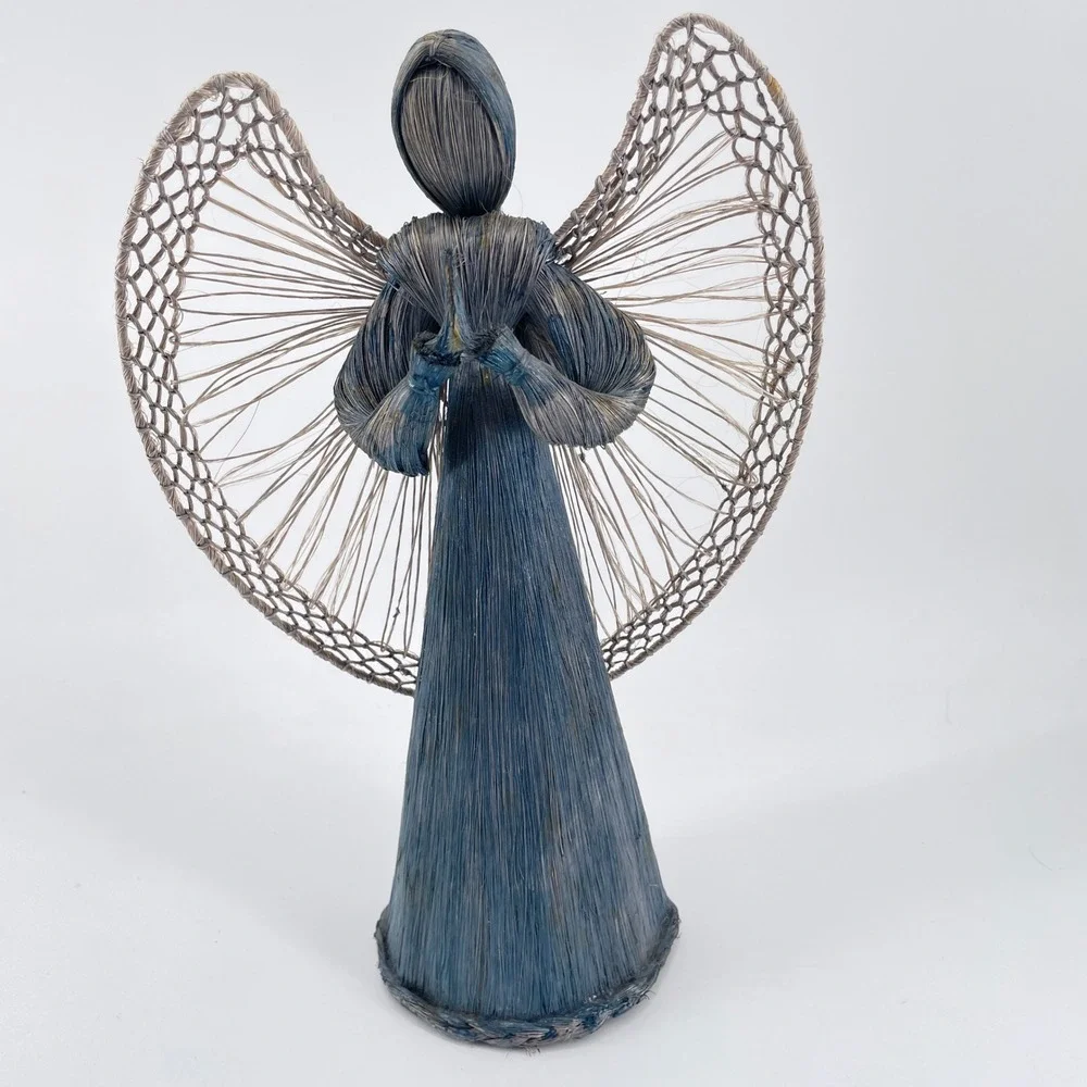 Vintage Angel Christmas Decor Set Lace Sisal Straw Figures Wooden Ornaments 6pc